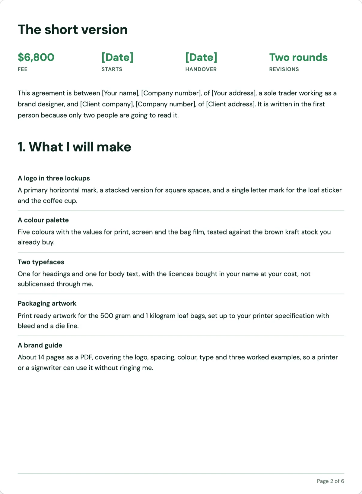 The Freelance Contract template, first page after the cover