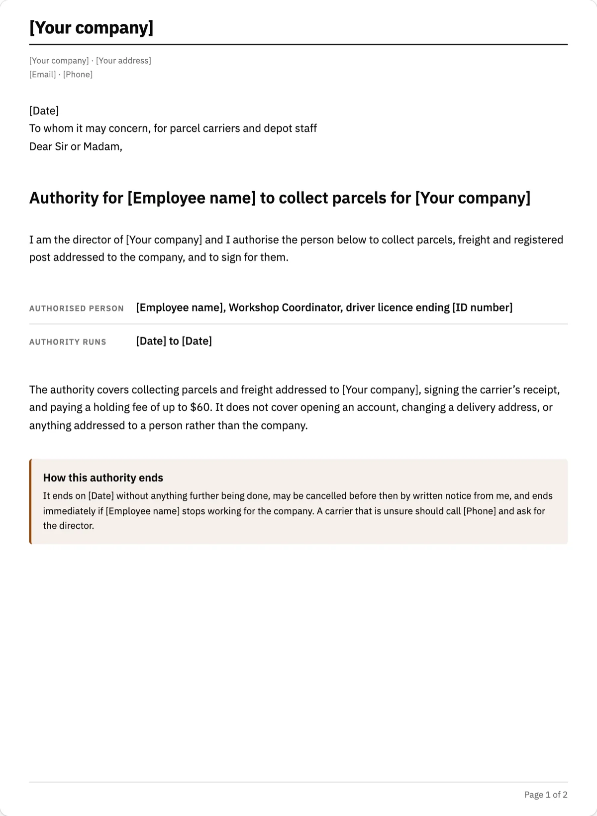 The Letter of Authorisation template, first page