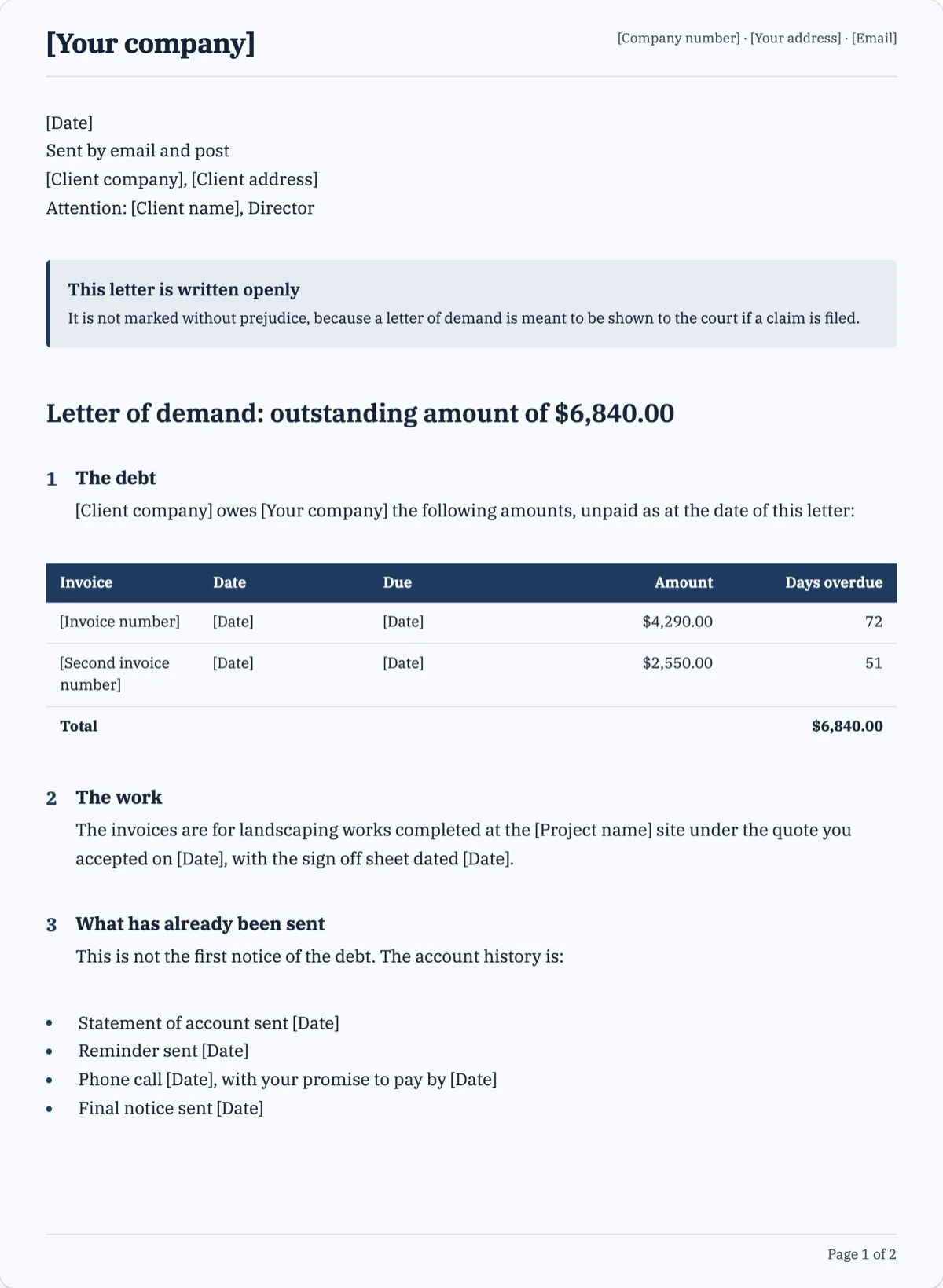 The Letter of Demand template, first page