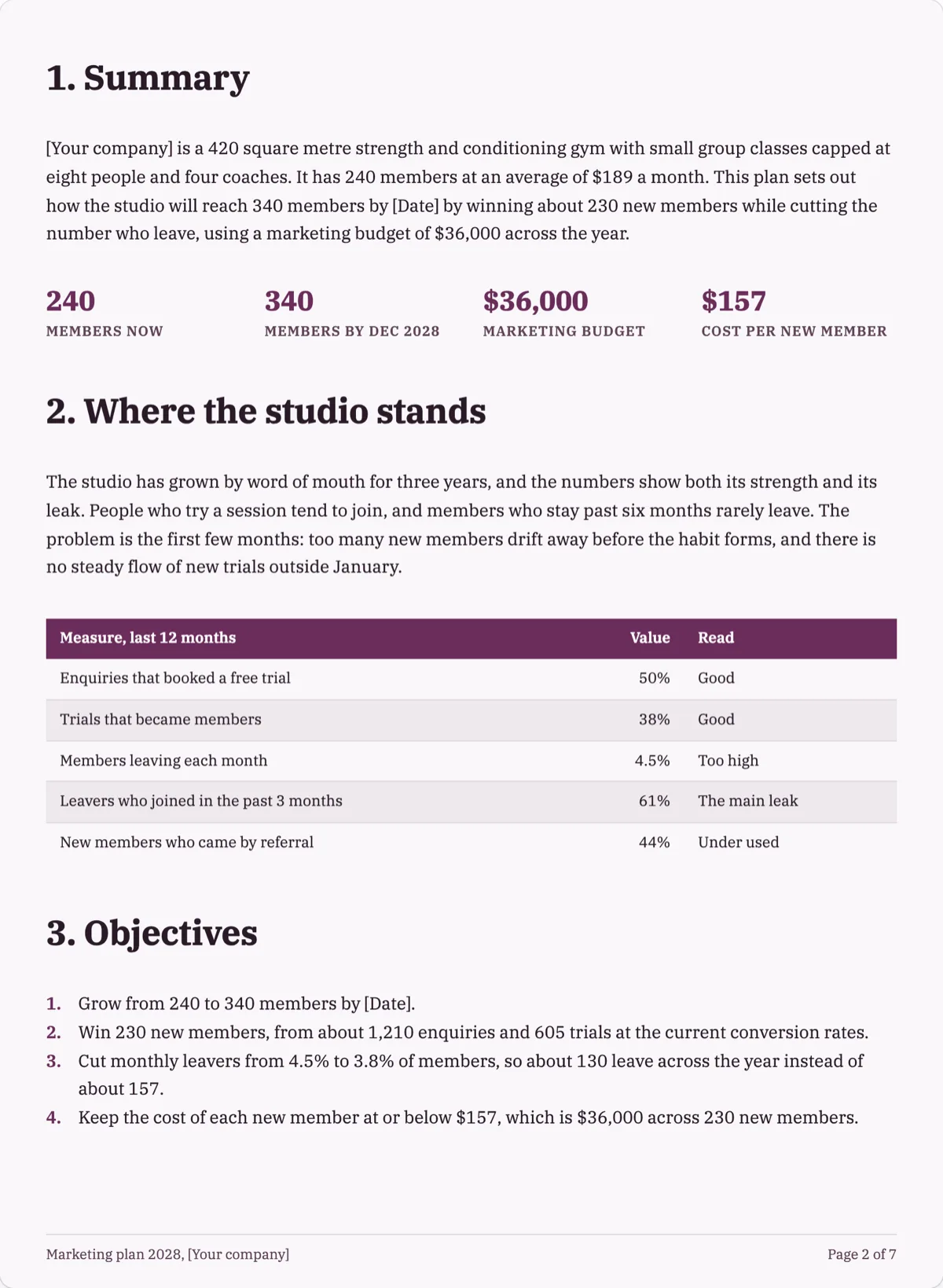 The Marketing Plan template, first page after the cover