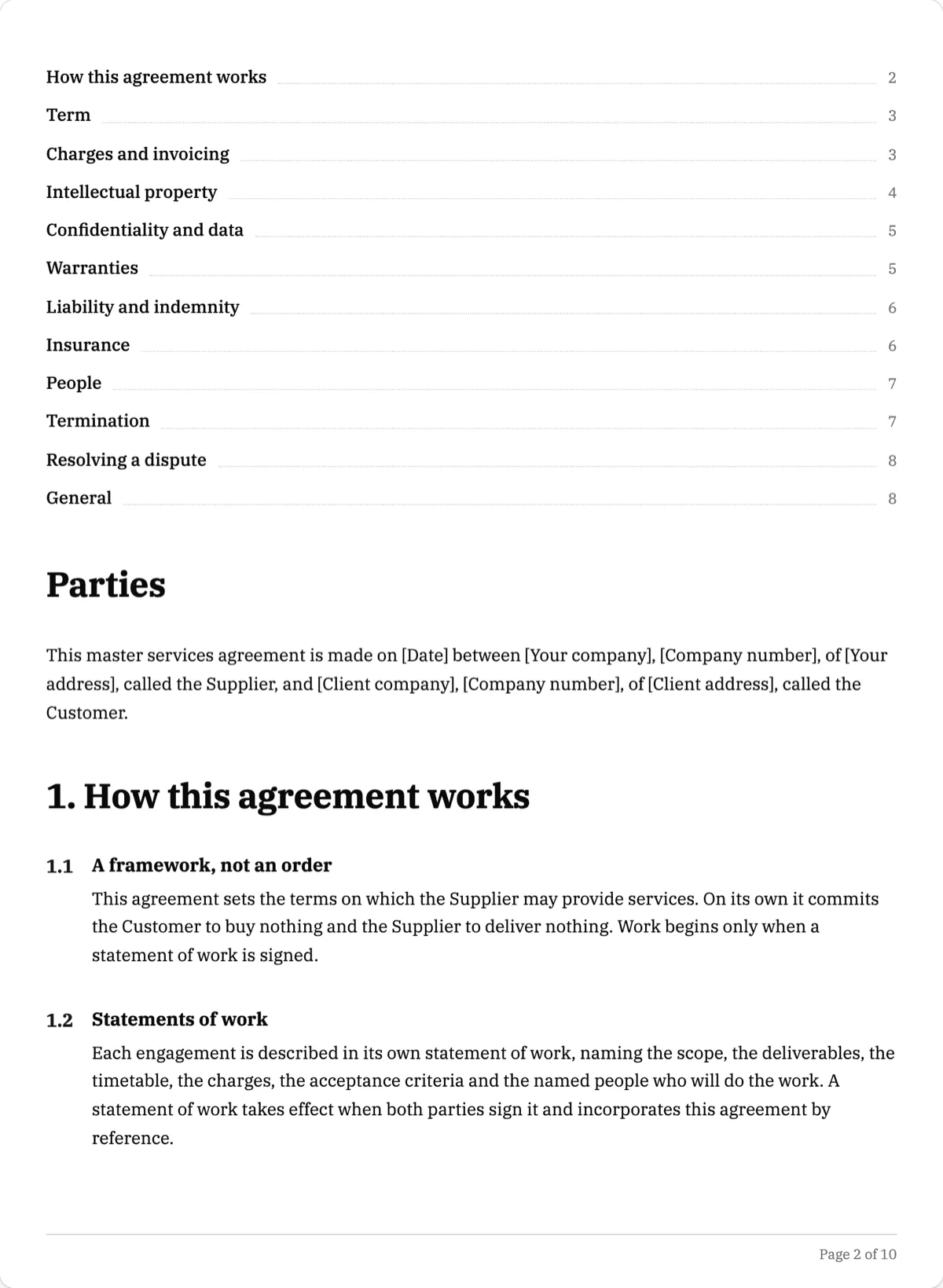 The Master Services Agreement template, first page after the cover