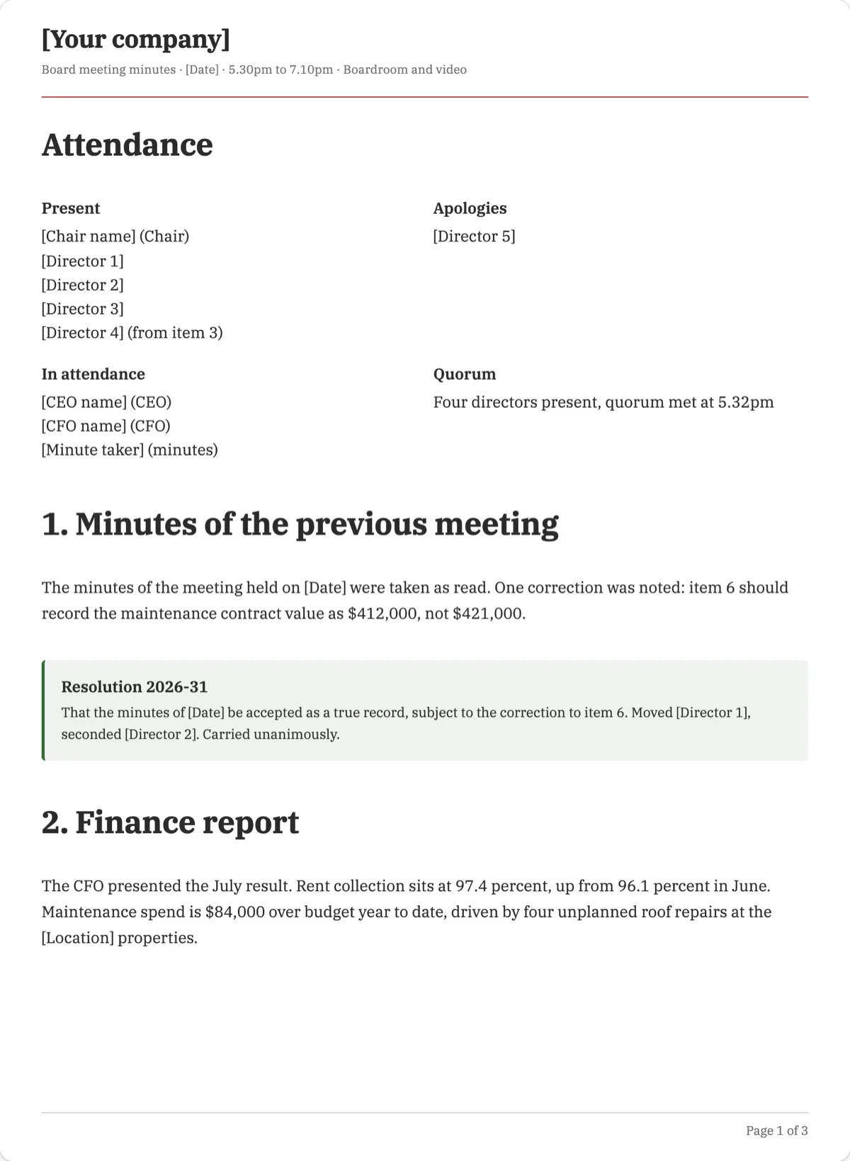 The Meeting Minutes template, first page