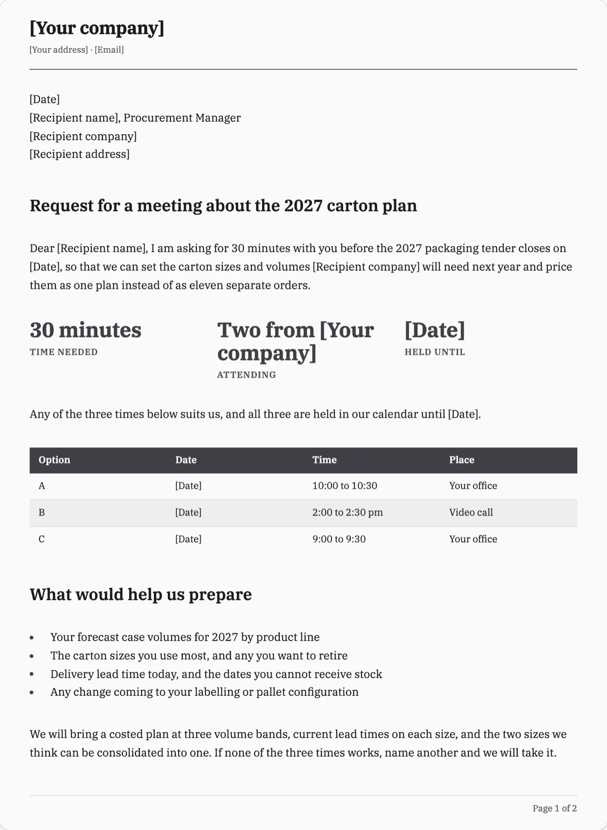 The Meeting Request Letter template, first page