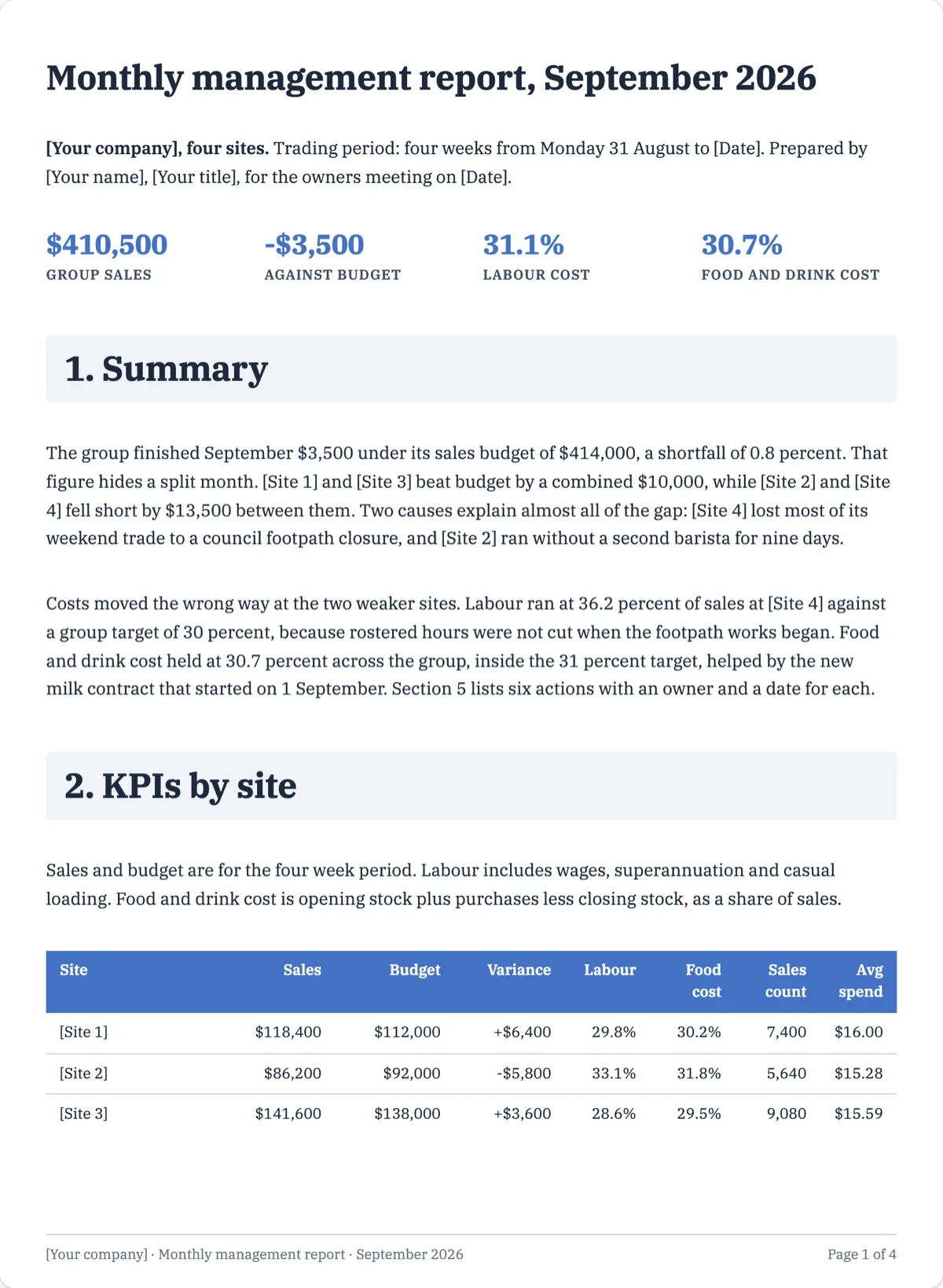 The Monthly Management Report template, first page