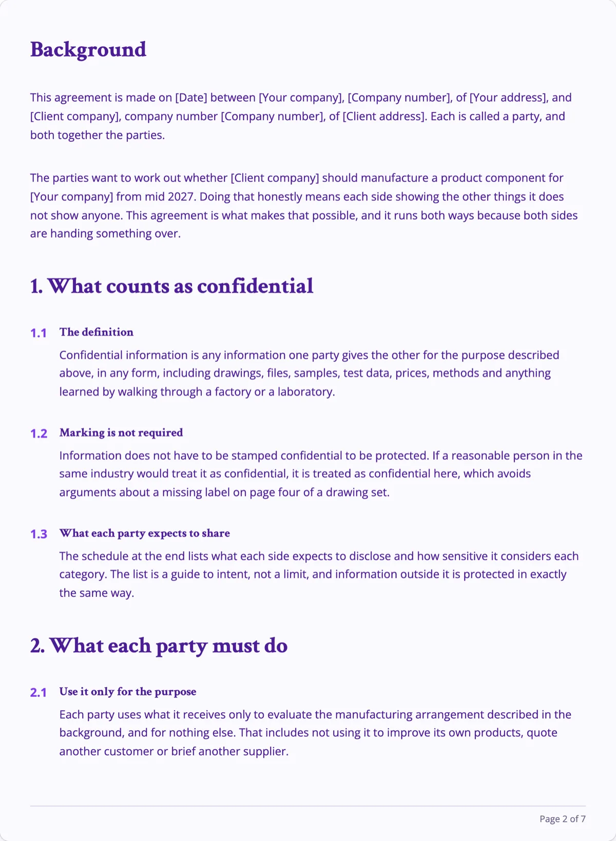 The Mutual NDA template, first page after the cover