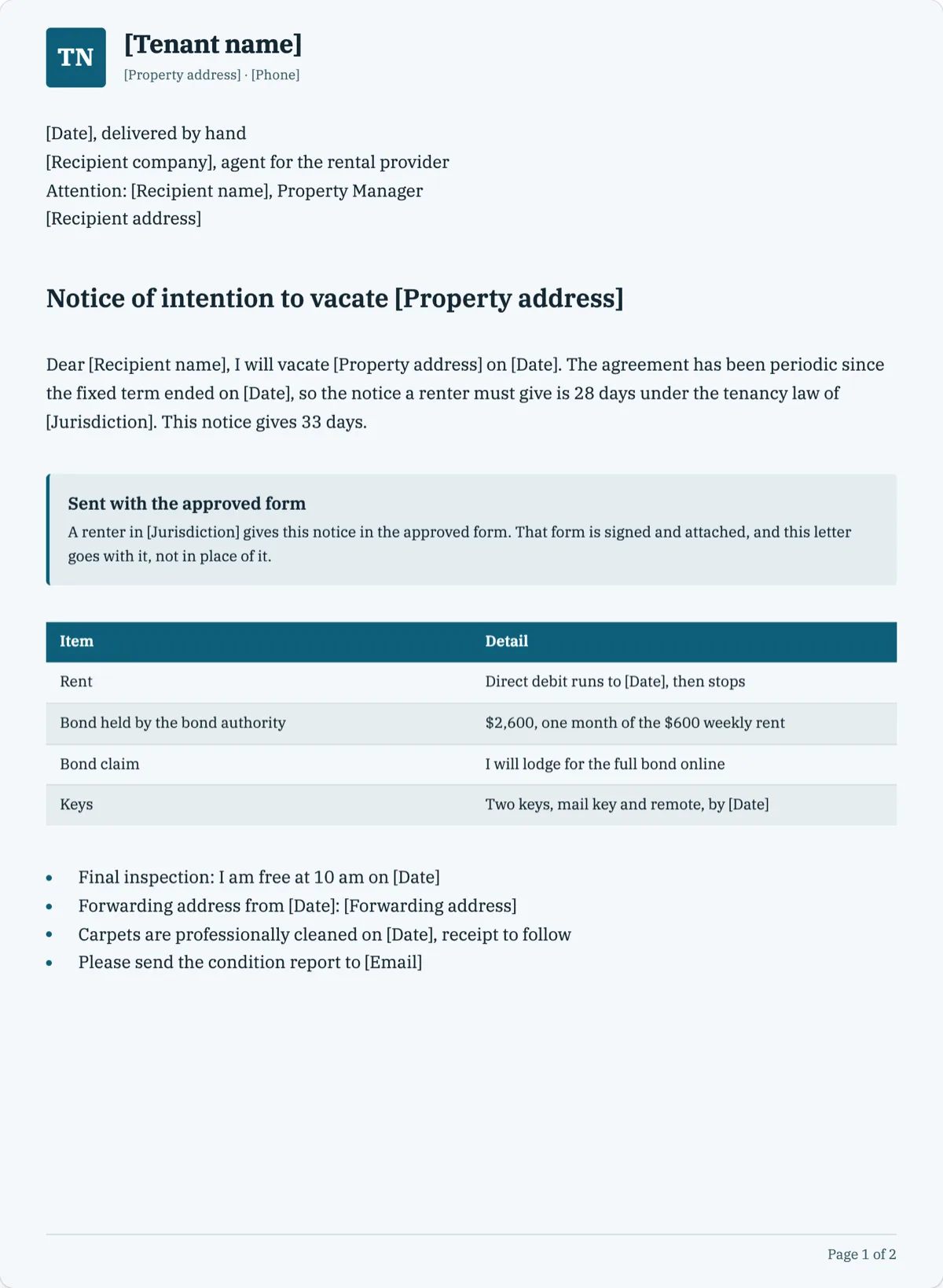 The Notice to Vacate template, first page
