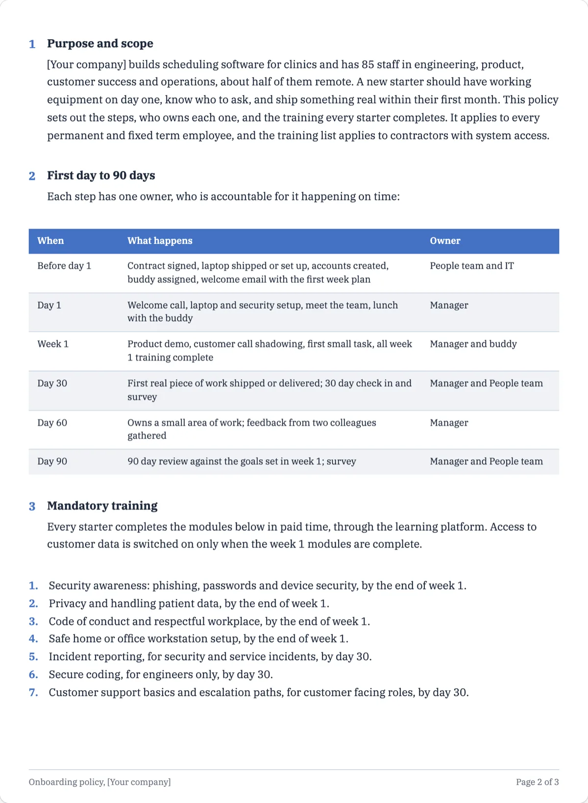 The Onboarding Policy template, first page after the cover