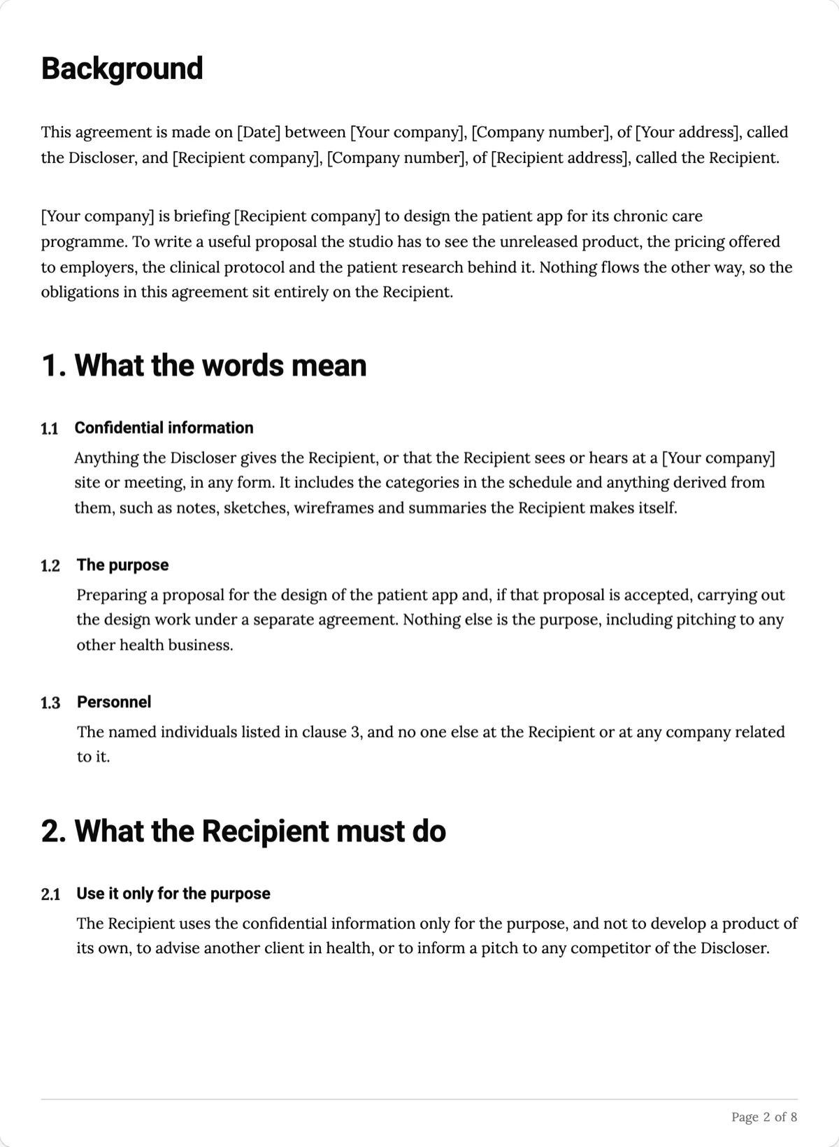 The One Way NDA template, first page after the cover