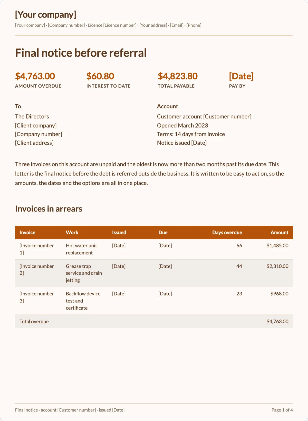The Overdue Payment Notice template, first page