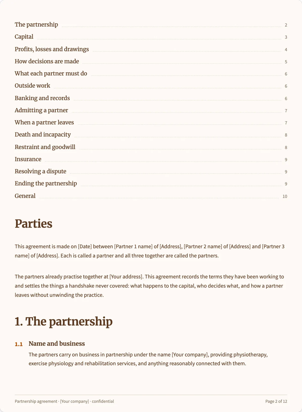 The Partnership Agreement template, first page after the cover