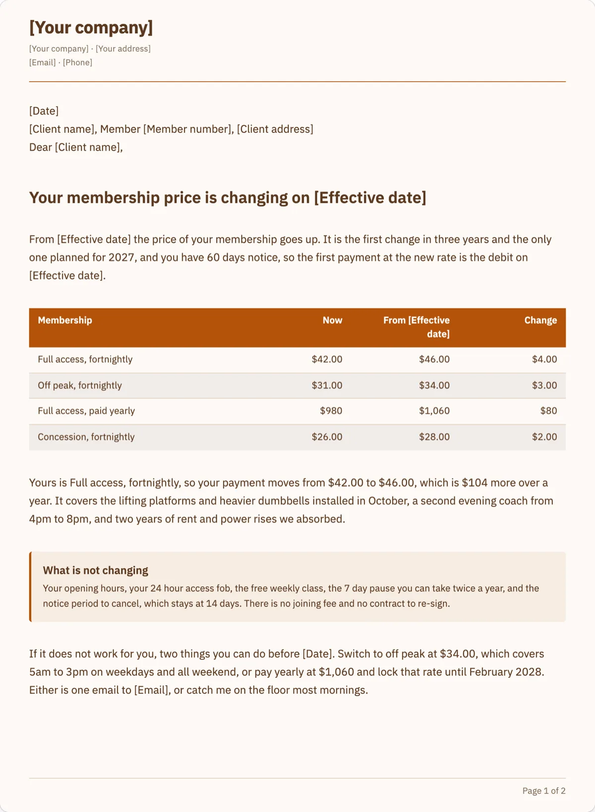The Price Increase Letter template, first page