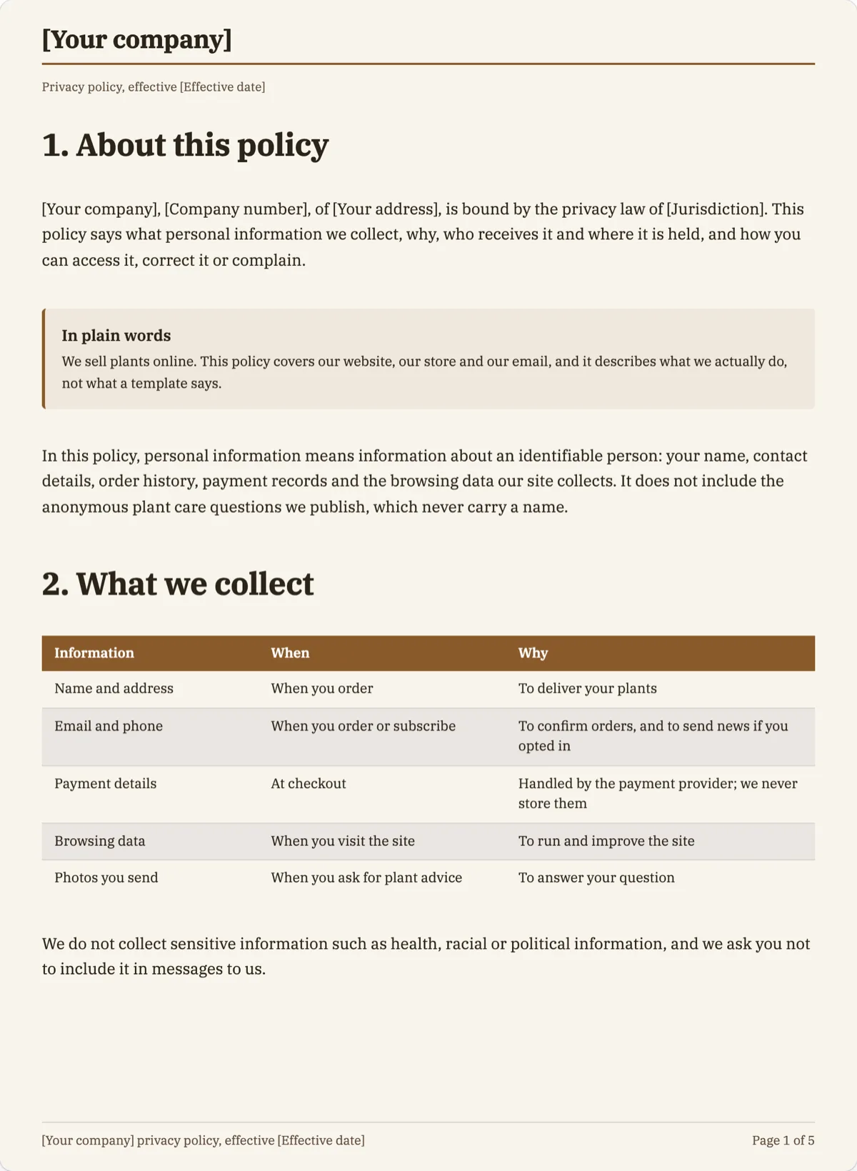 The Privacy Policy template, first page