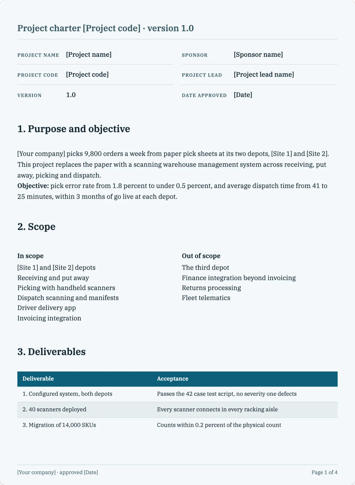 The Project Charter template, first page