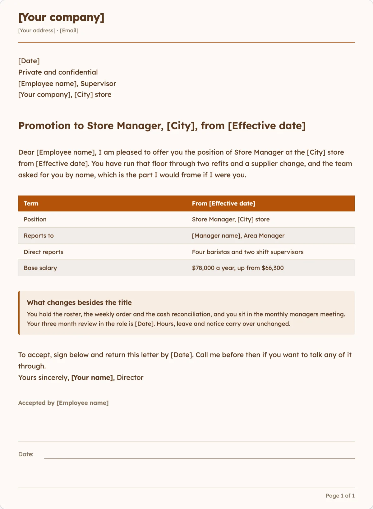 The Promotion Letter template, first page