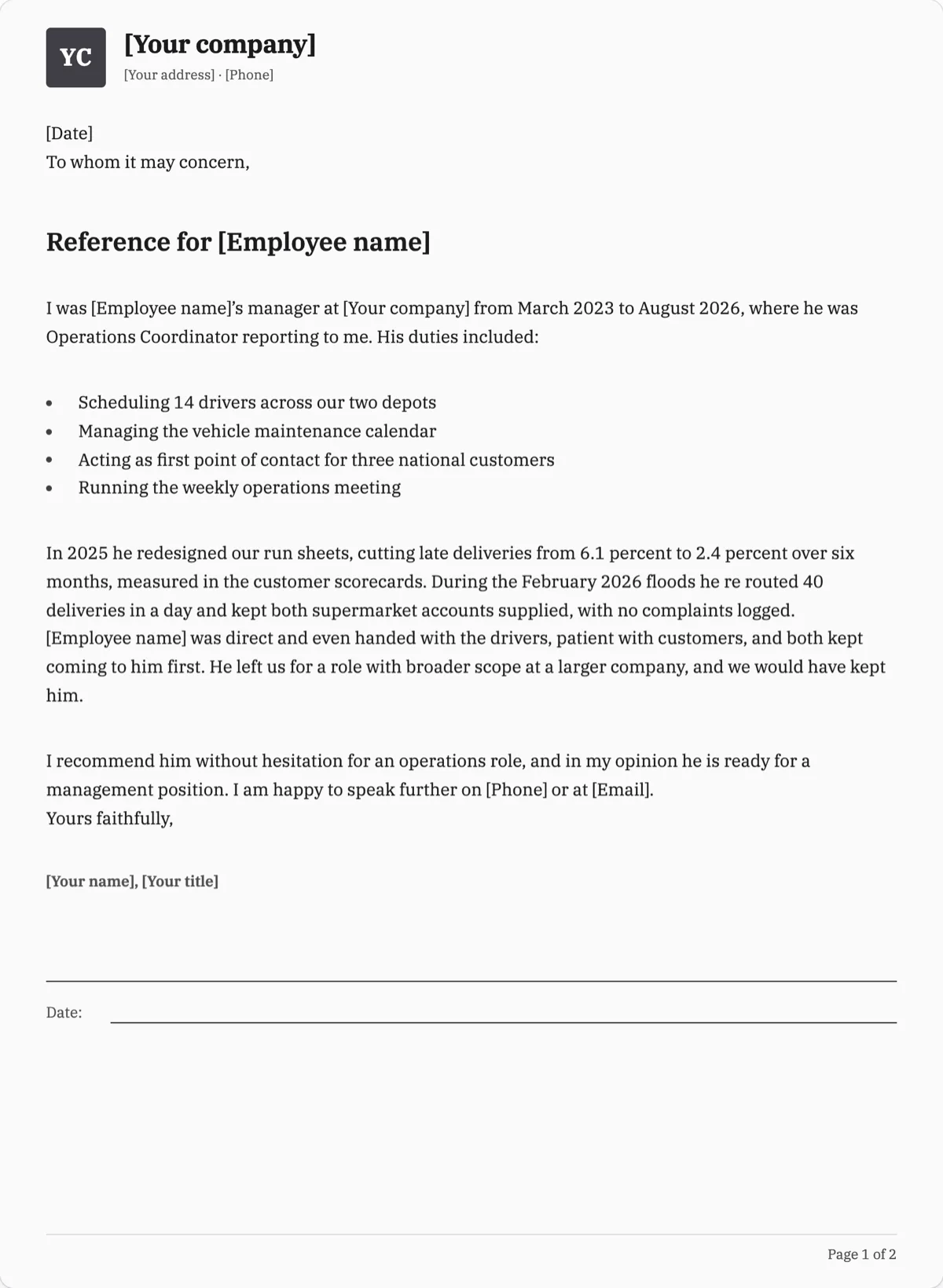 The Reference Letter template, first page