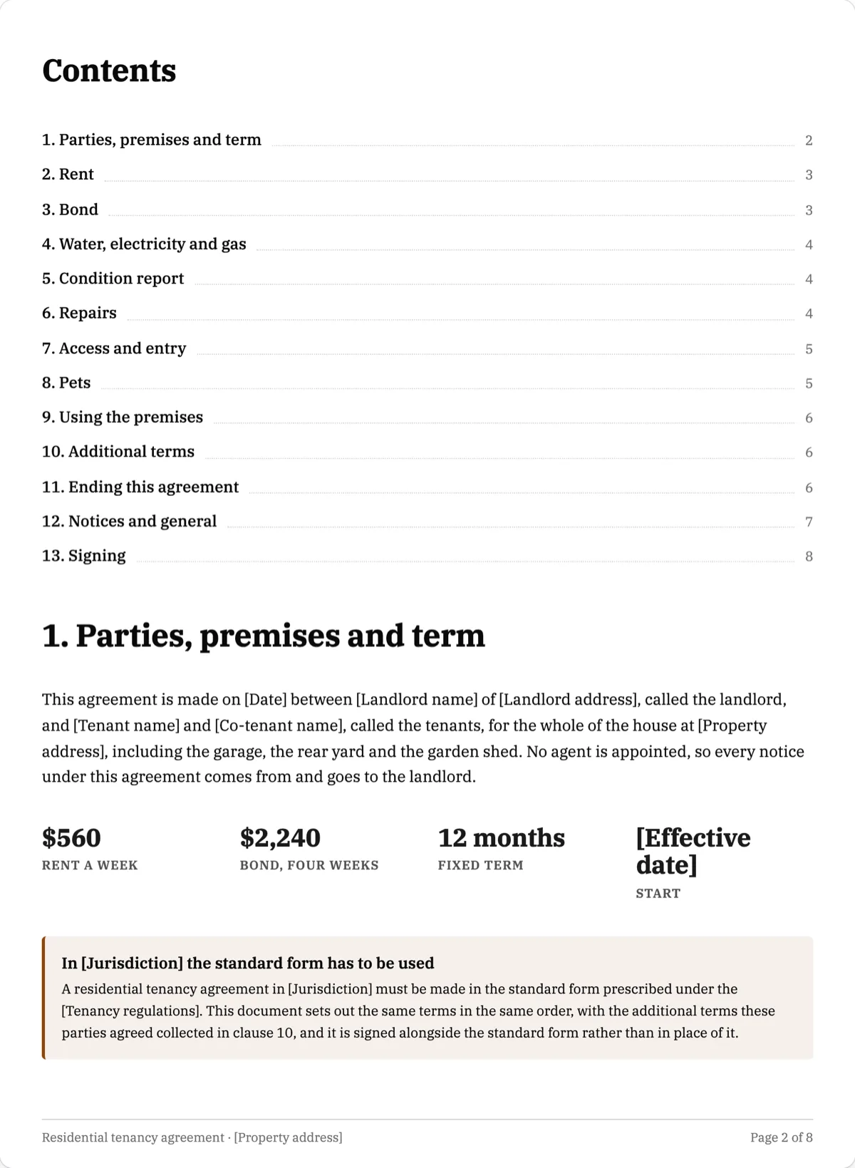 The Residential Lease Agreement template, first page after the cover