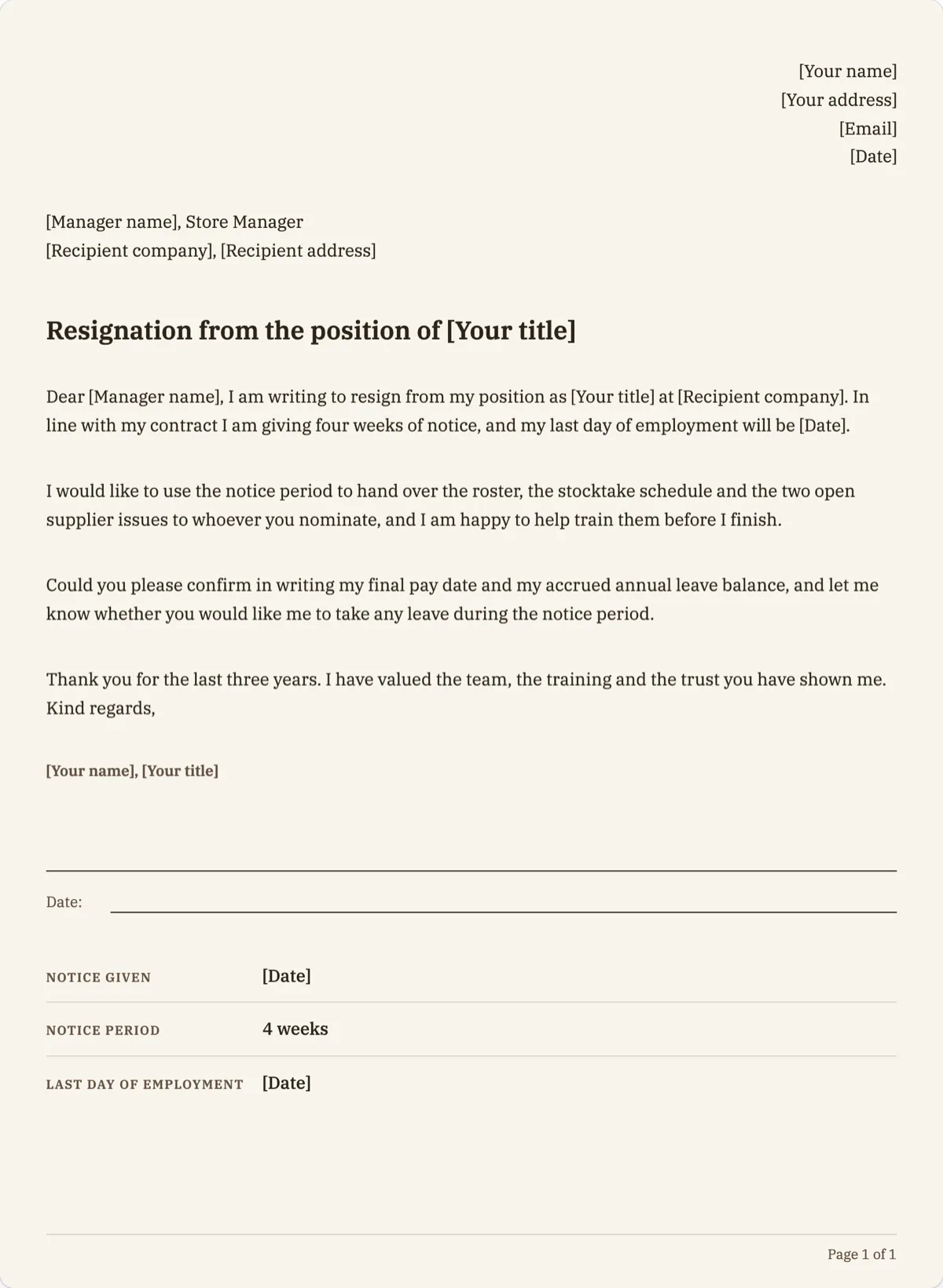 The Resignation Letter template, first page