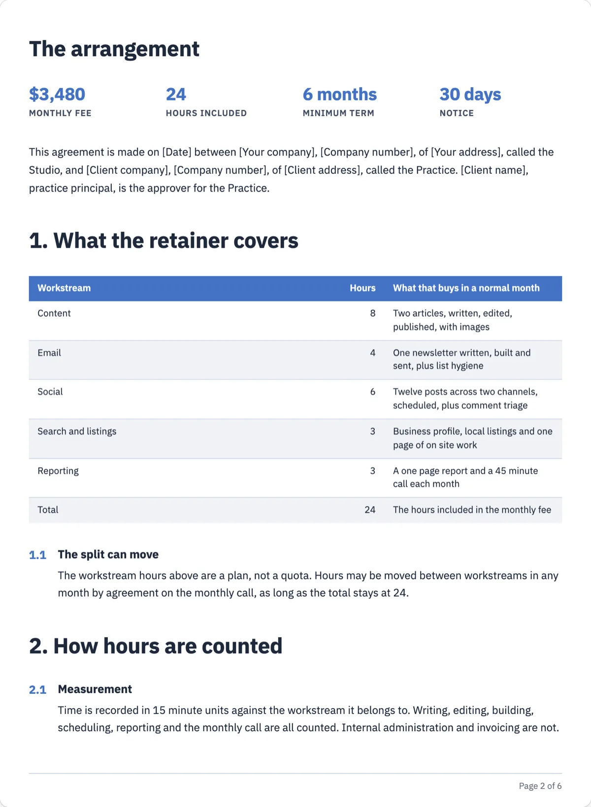 The Retainer Agreement template, first page after the cover