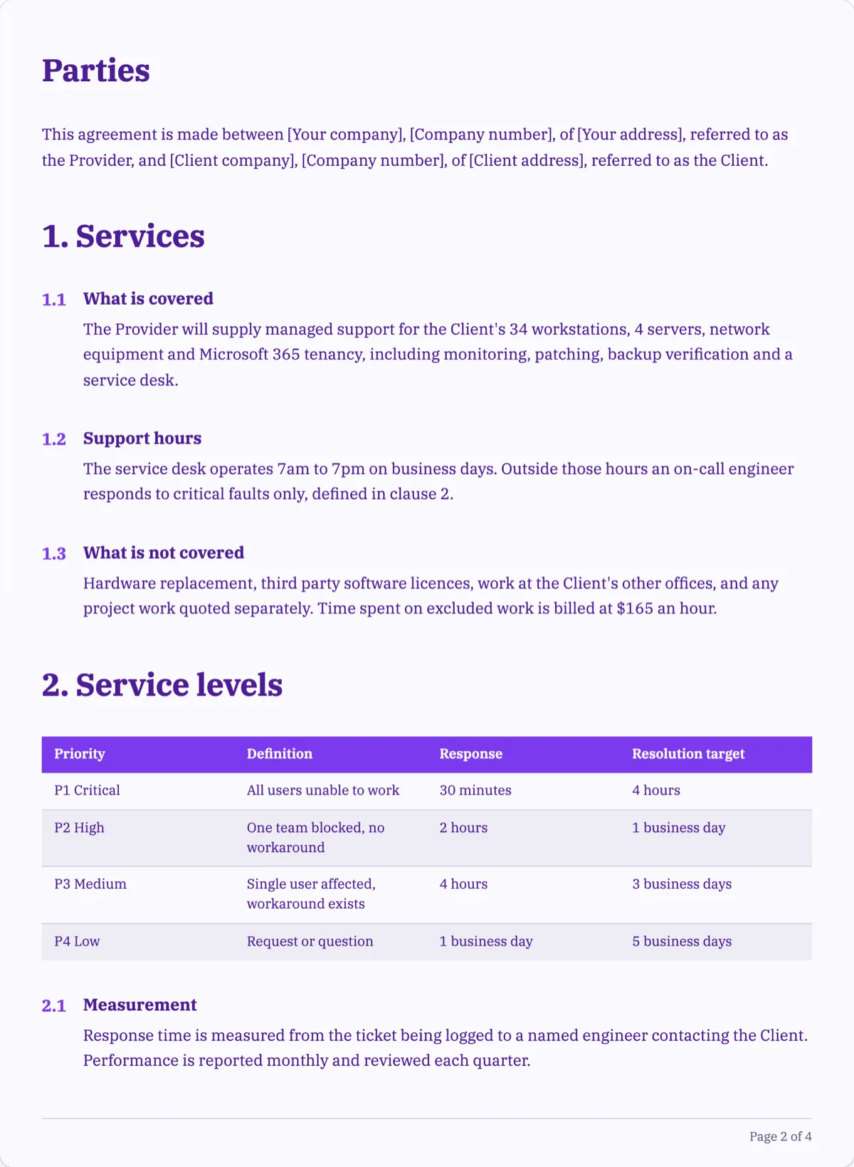 The Service Agreement template, first page after the cover