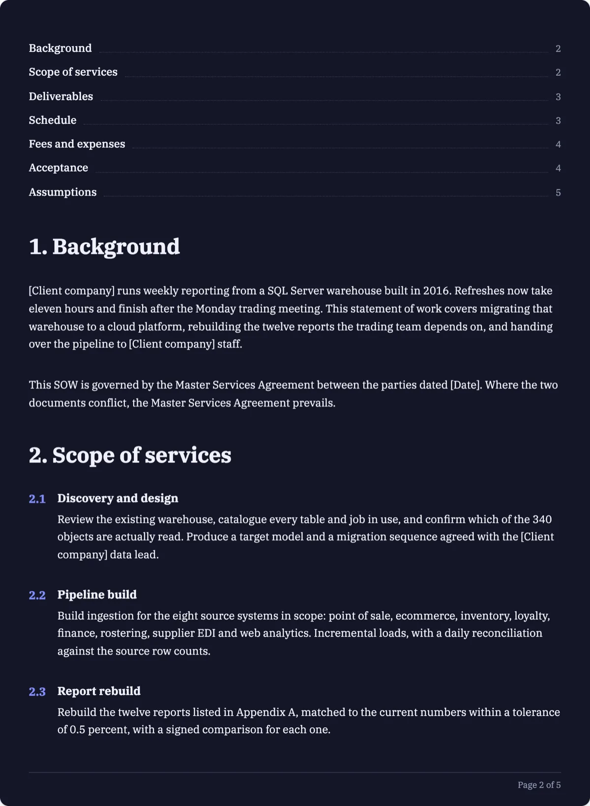 The Statement of Work template, first page after the cover