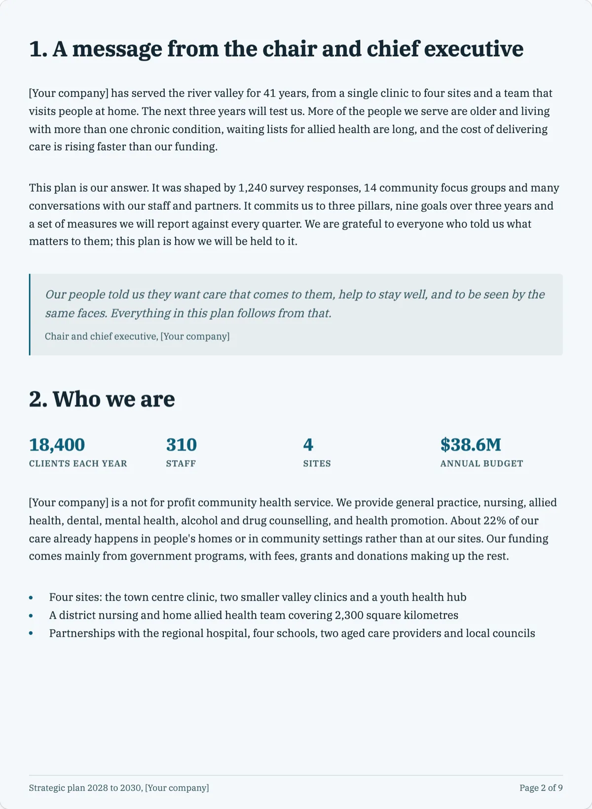 The Strategic Plan template, first page after the cover
