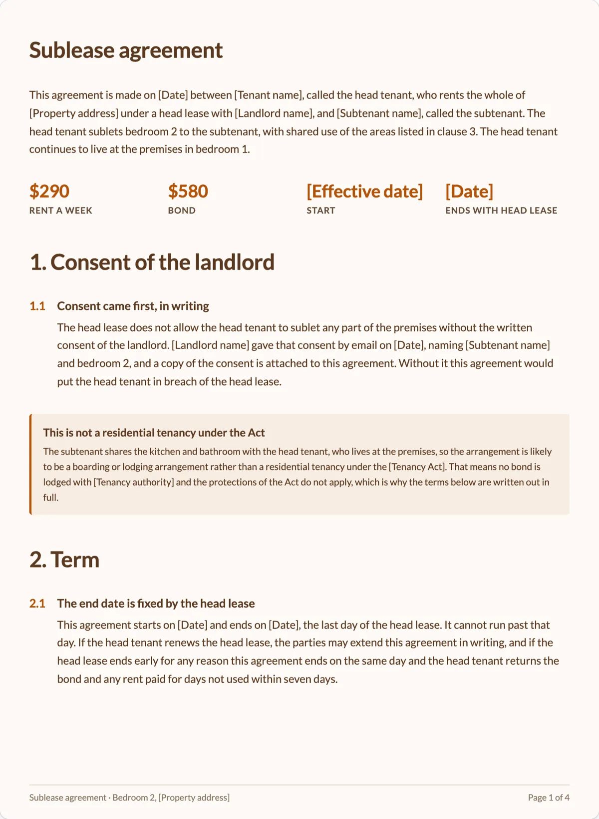 The Sublease Agreement template, first page