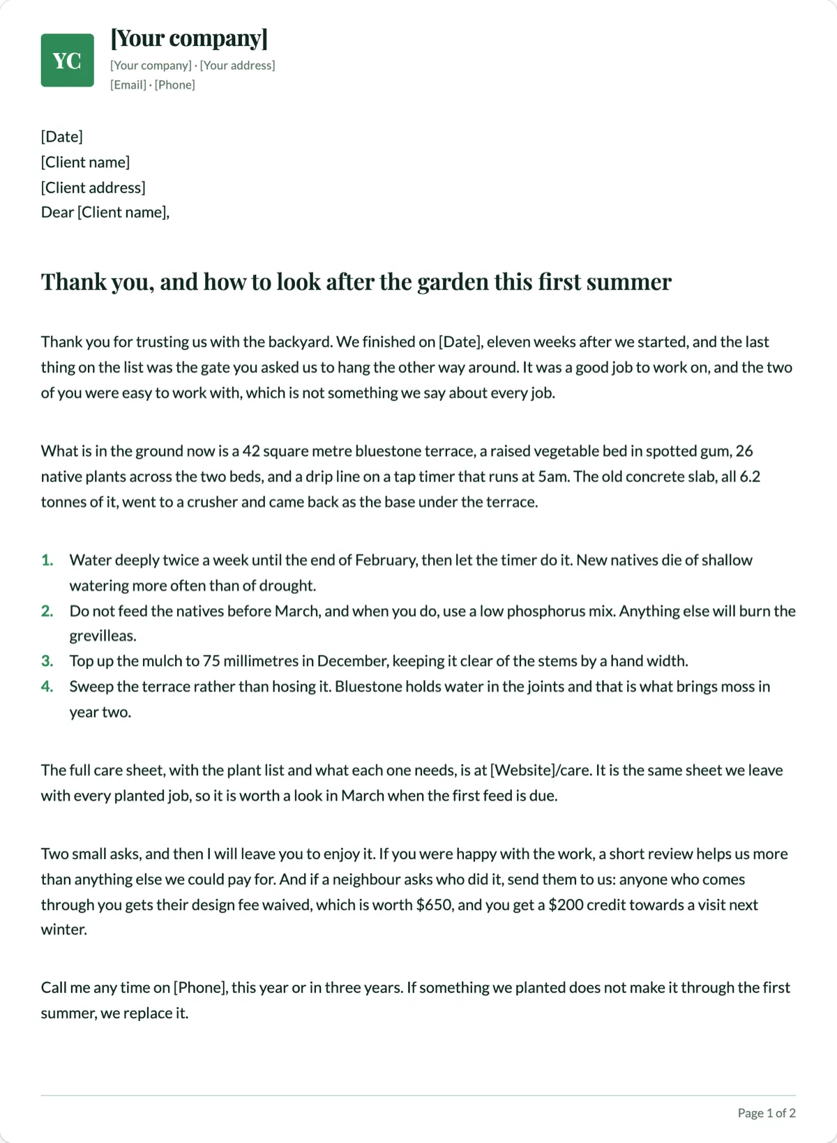 The Thank You Letter to a Client template, first page