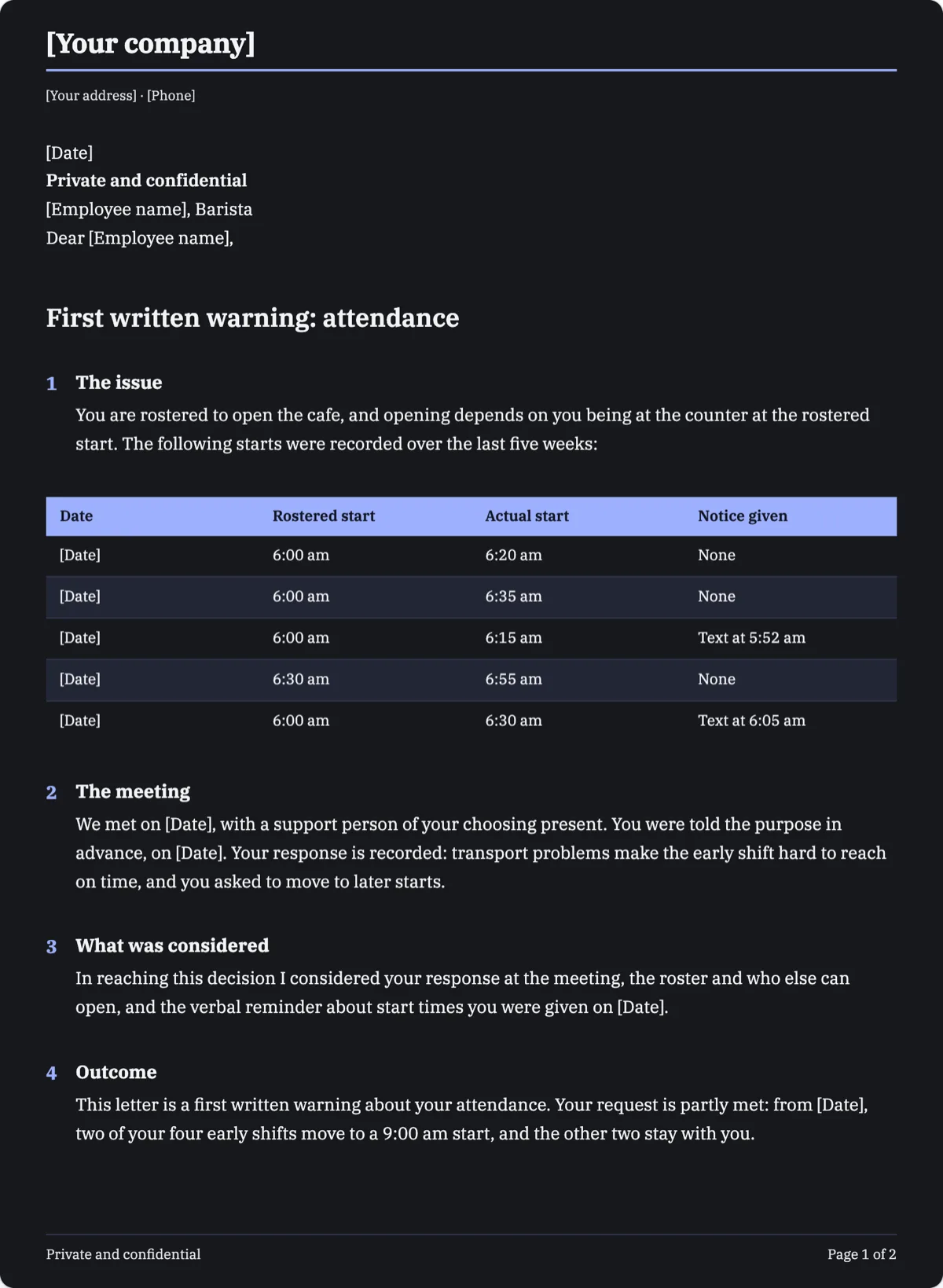 The Employee Warning Letter template, first page