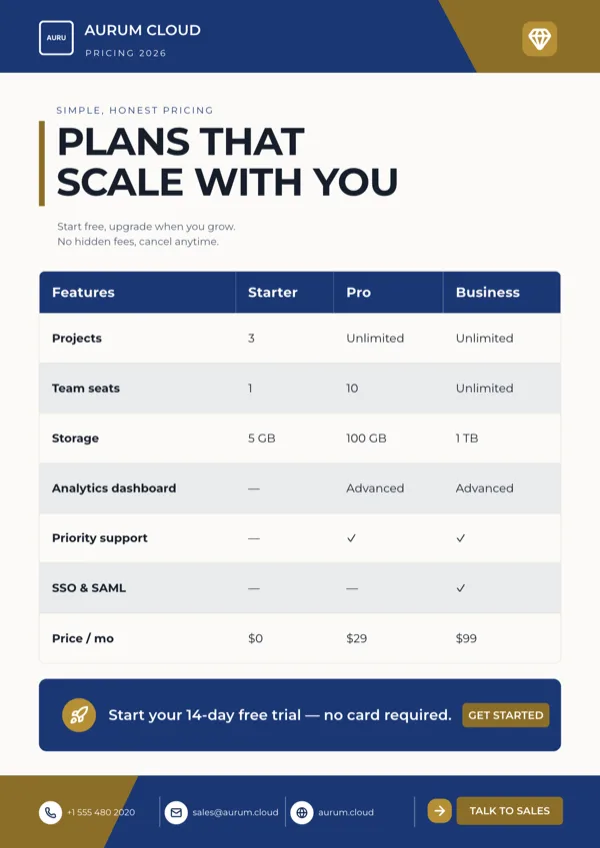 Aurum, Pricing Plans Table flyer template