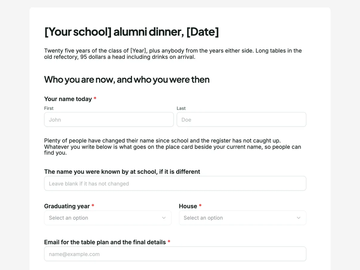 The Alumni event registration template as a respondent sees it, top of the form