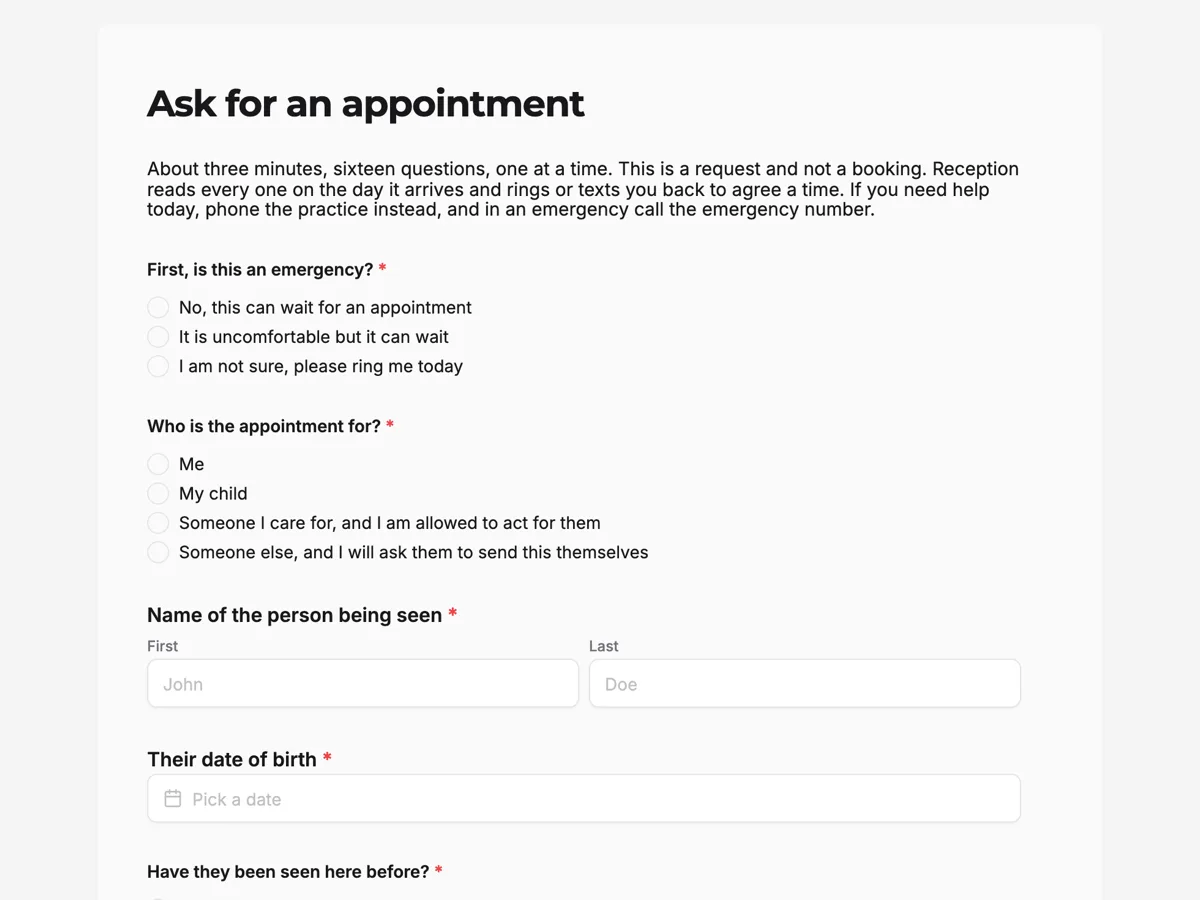 The Appointment request template as a respondent sees it, top of the form