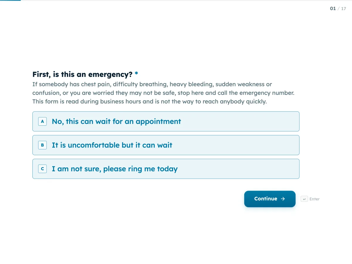 The Appointment request template as a respondent sees it, first question