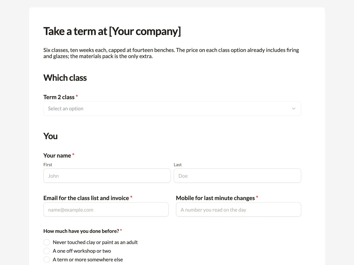 The Art class registration template as a respondent sees it, top of the form