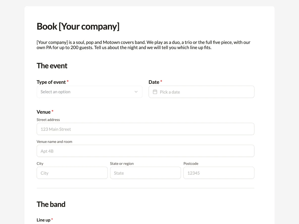 The Entertainment booking enquiry template as a respondent sees it, top of the form