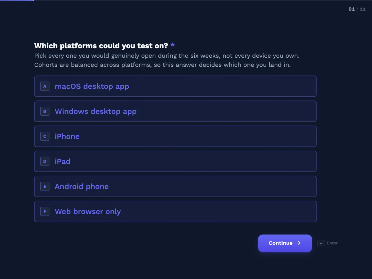The Beta tester application template as a respondent sees it, first question