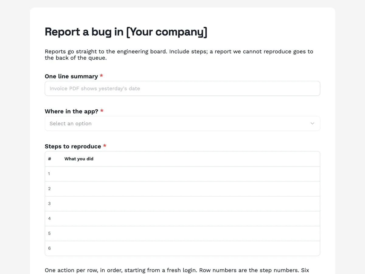 The Bug report template as a respondent sees it, top of the form