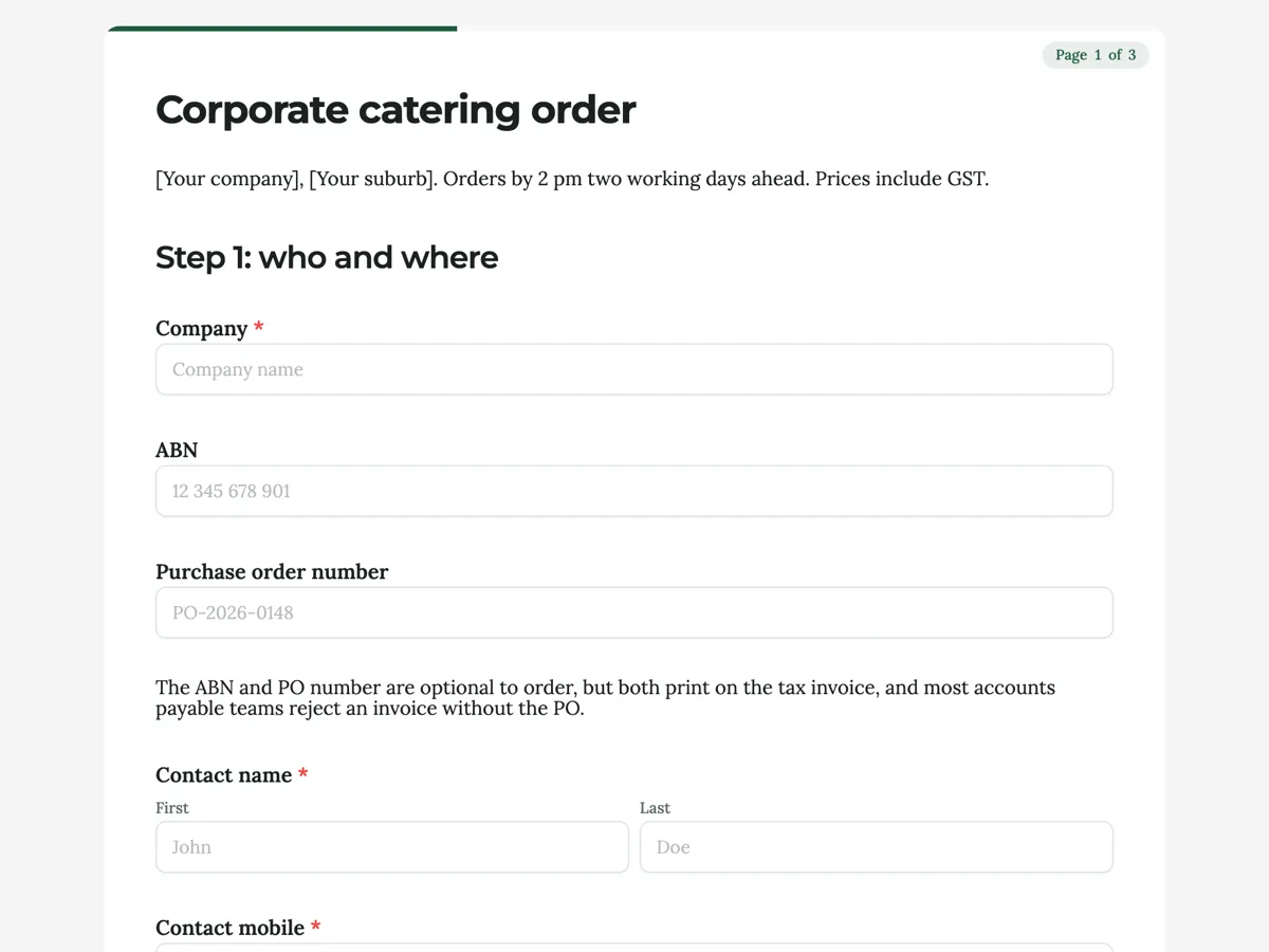 The Catering order template as a respondent sees it, top of the form