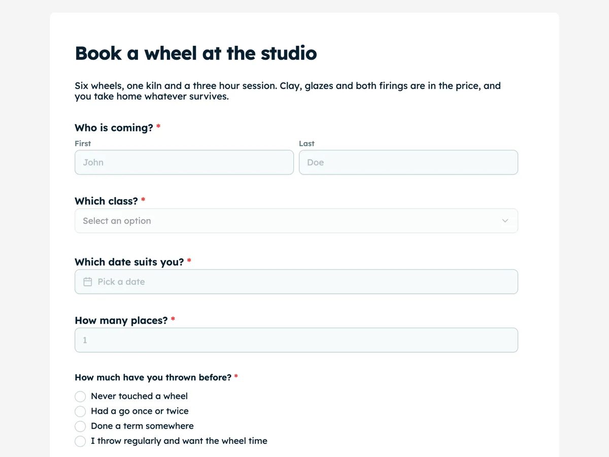 The Class booking template as a respondent sees it, top of the form
