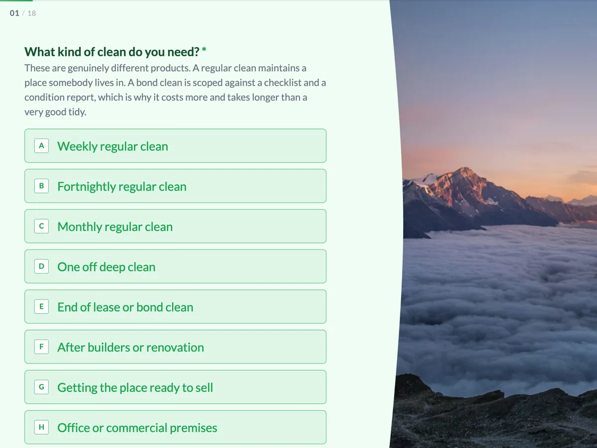 The Cleaning quote request template as a respondent sees it, first question
