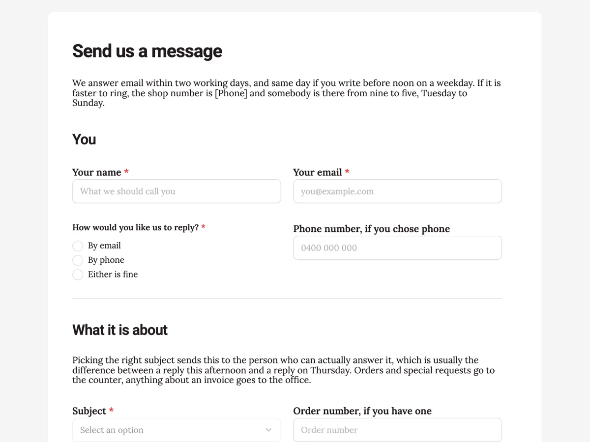 The Contact form template as a respondent sees it, top of the form