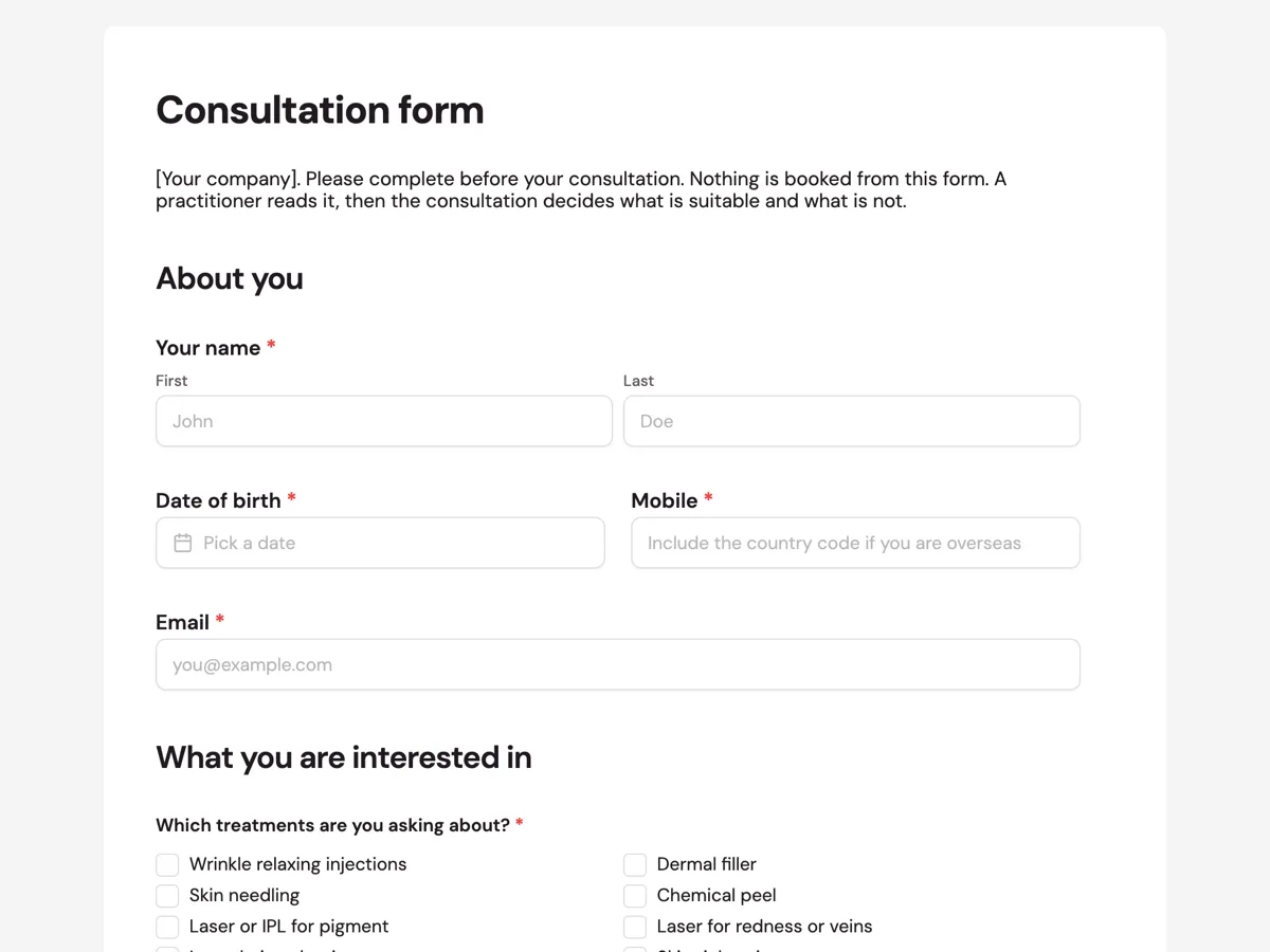 The Cosmetic clinic intake template as a respondent sees it, top of the form