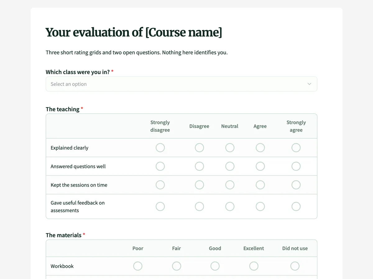 The Course evaluation template as a respondent sees it, top of the form