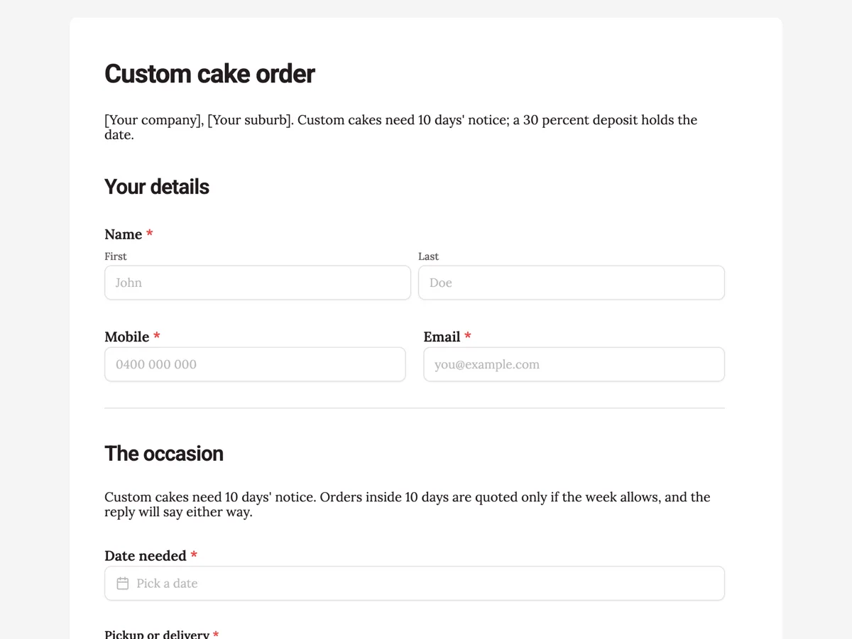 The Custom cake order template as a respondent sees it, top of the form