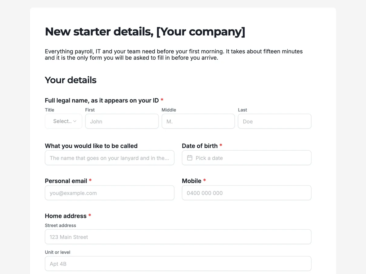 The Employee onboarding template as a respondent sees it, top of the form