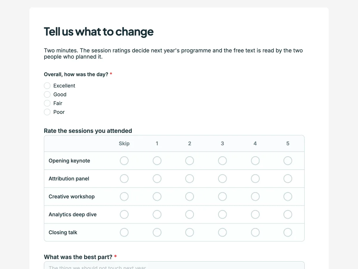 The Event feedback survey template as a respondent sees it, top of the form