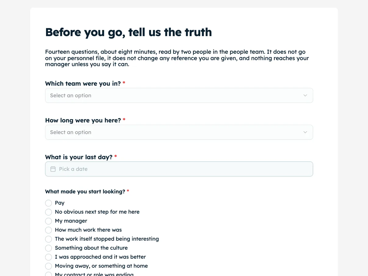 The Exit interview template as a respondent sees it, top of the form