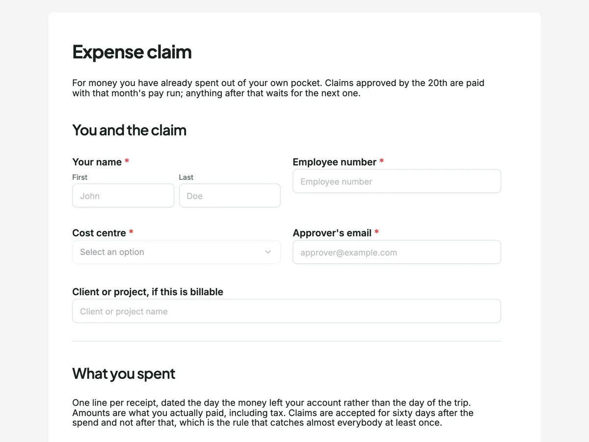 The Expense claim template as a respondent sees it, top of the form