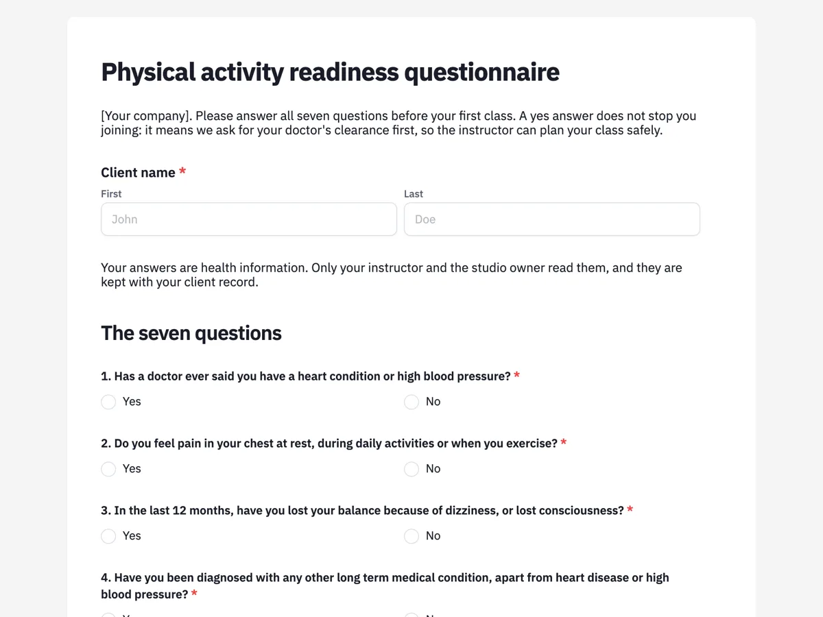 The PAR Q readiness questionnaire template as a respondent sees it, top of the form