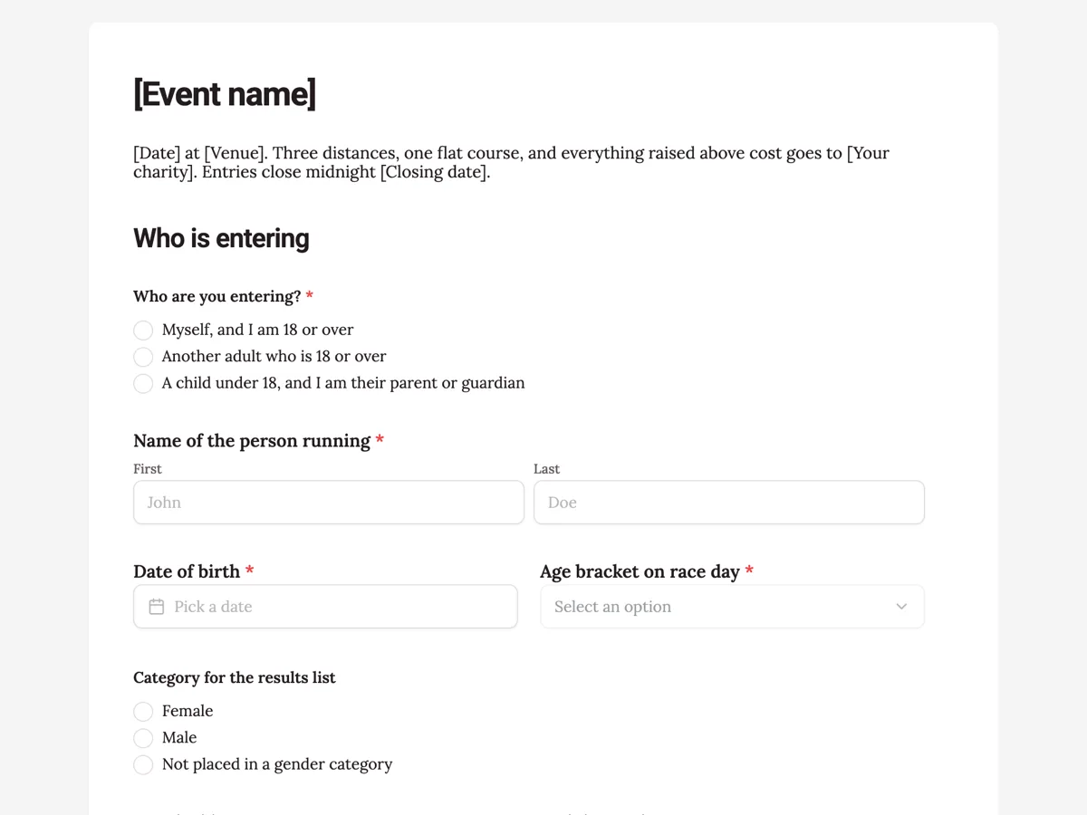 The Fun run entry template as a respondent sees it, top of the form