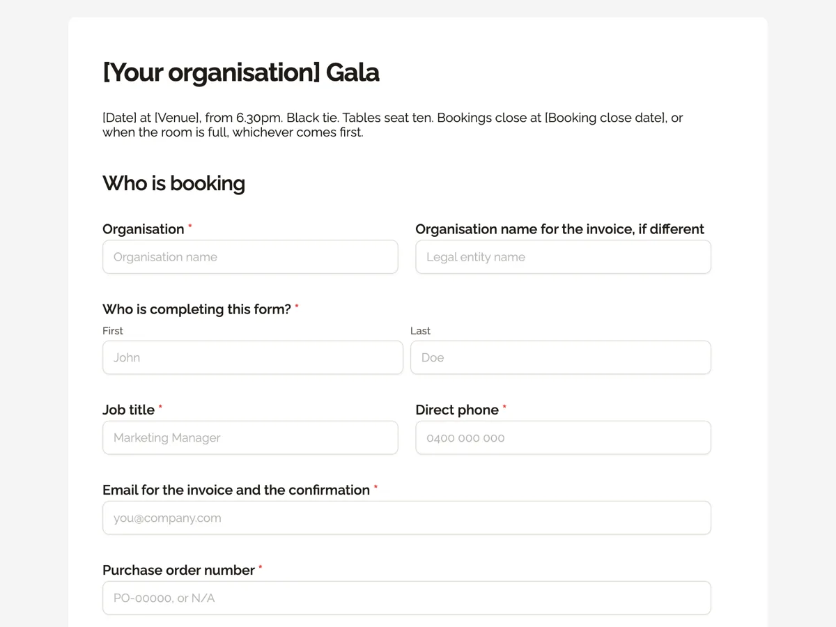 The Gala dinner booking template as a respondent sees it, top of the form
